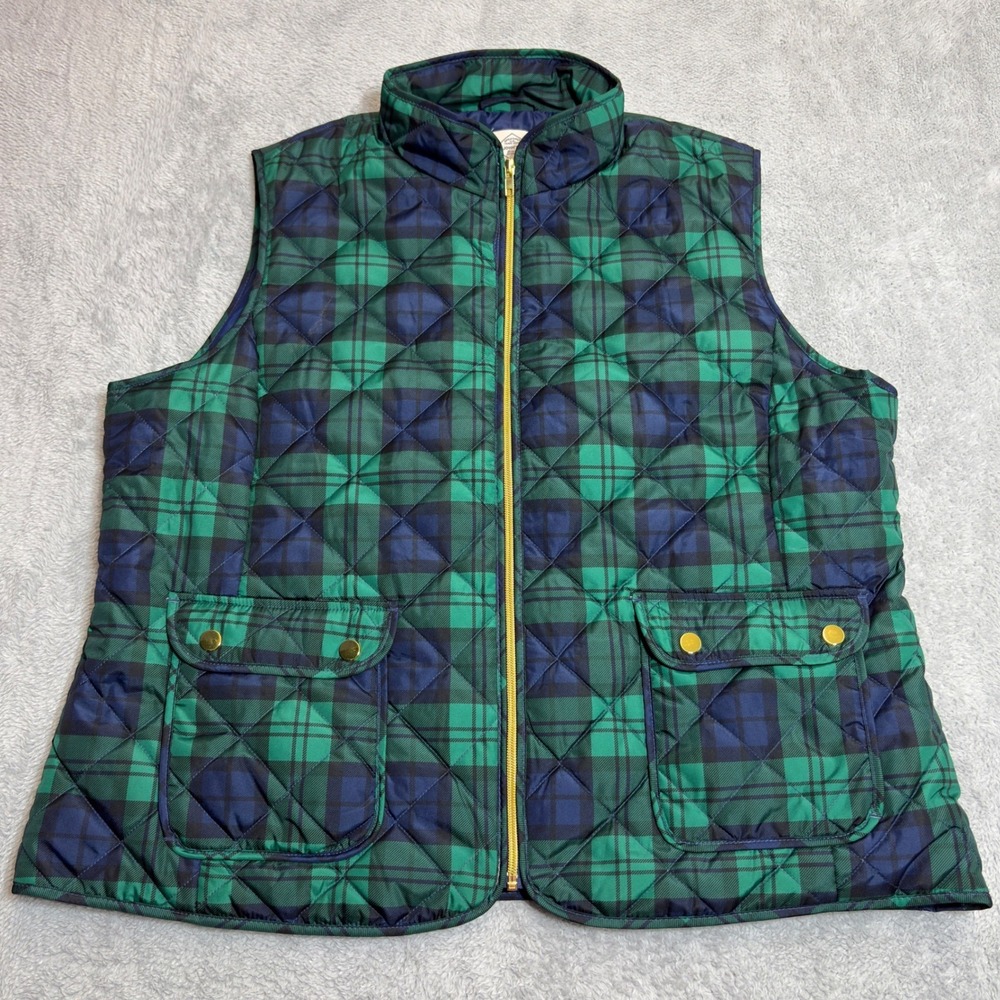 St. John's Bay Quilted Puffer Vest Womens XXL Green Blue Plaid Full Zip Pockets